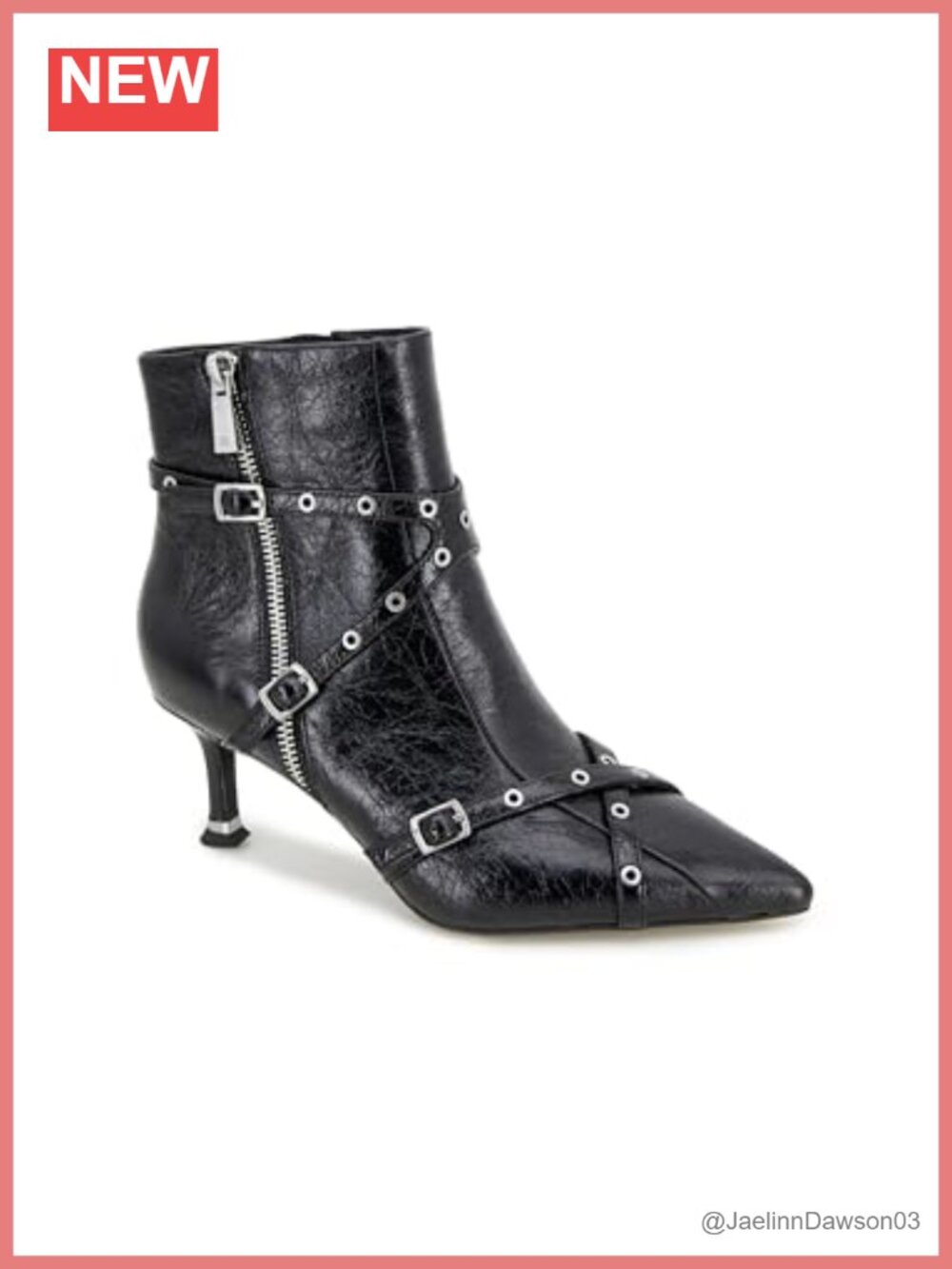 Leather Biker Bootie with Buckle Detail Pointed Toe 2.55" Heel